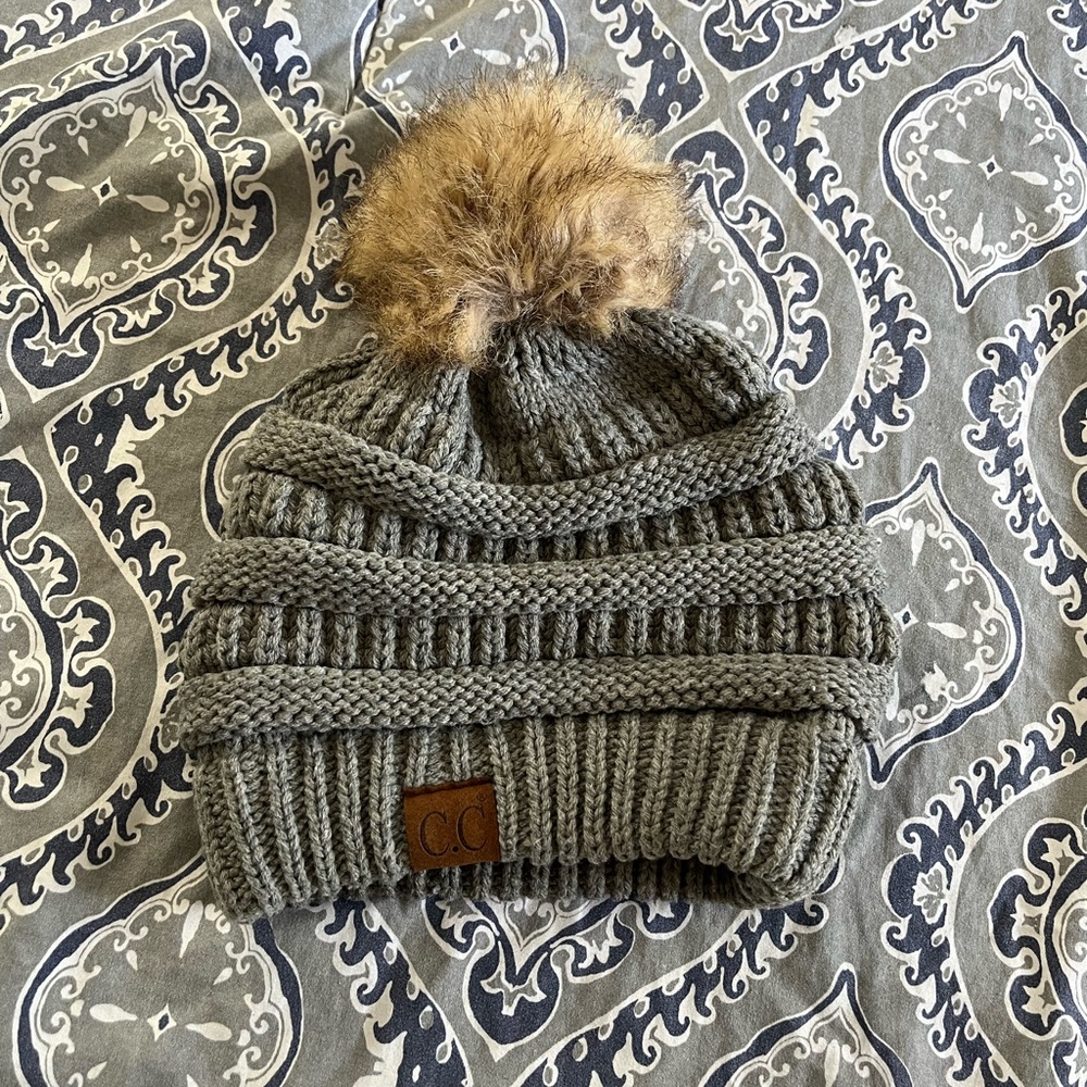CC Knit Beanie with Faux Fur Pom-Pom